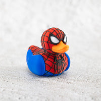 Rubber duck with Spider Superhero design on a white background