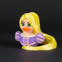 Toy figure of a ducky character with blonde hair and a purple outfit on a black background
