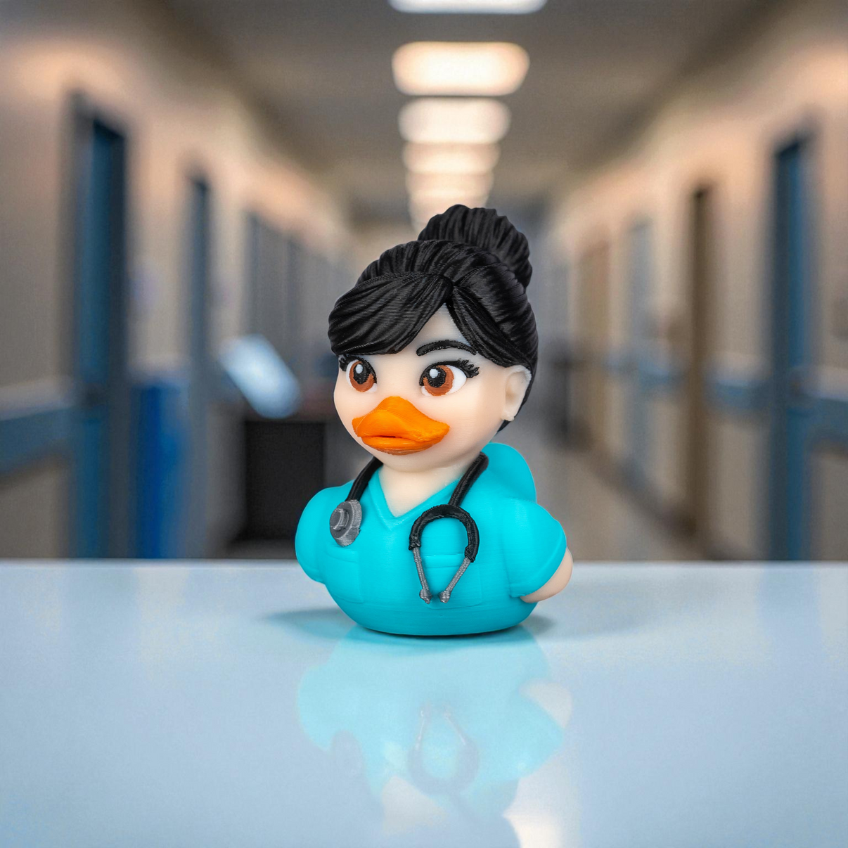 Figurine of a duck dressed as a doctor in a hospital setting