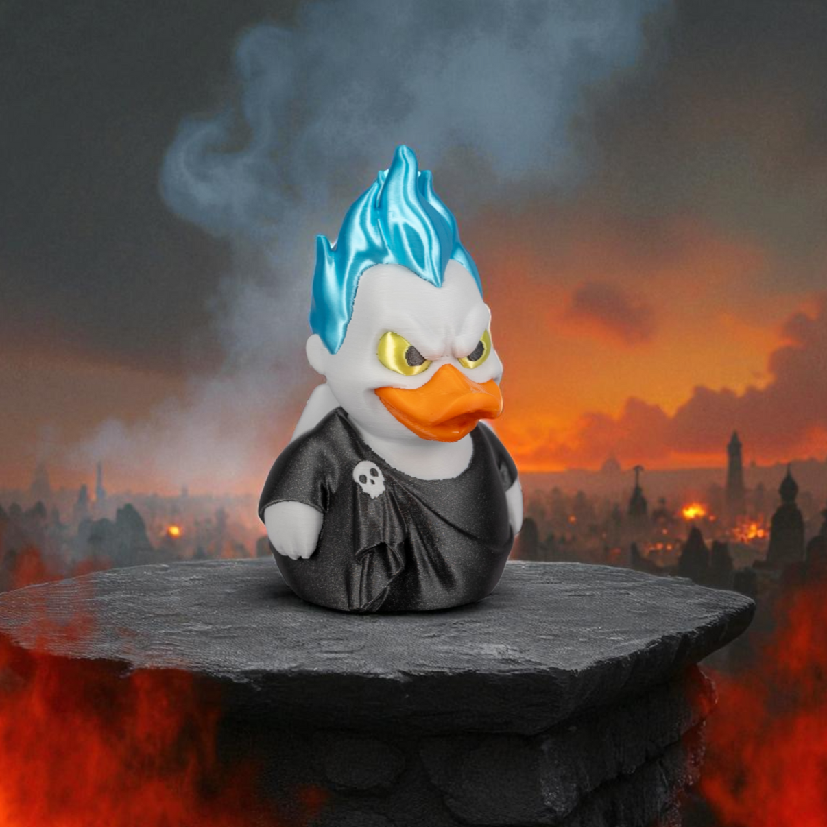 Figurine resembling a character with blue flames on a dark platform with a fiery background
