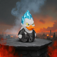 Figurine resembling a character with blue flames on a dark platform with a fiery background