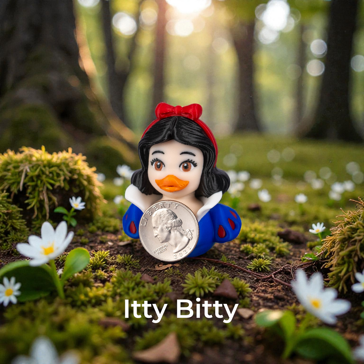 Small figurine of a character holding a coin in a forest setting with 'Itty Bitty' text.