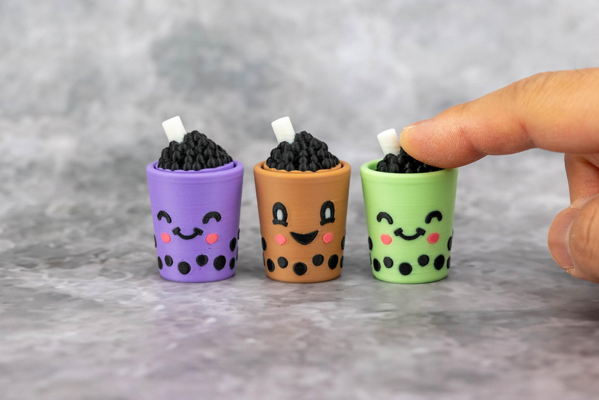 Boba Mini Fidget Toy 3-Pack - Milk Tea (brown), Matcha (green) and Ube (purple) - Kawaii Cute Gift for Kids, Coworkers, Friends & Partners